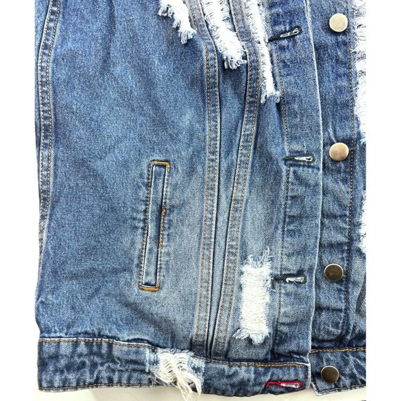 Akira Chicago Red Label Distressed Denim Jean Jacket Size Women’s Large - Picture 5 of 13